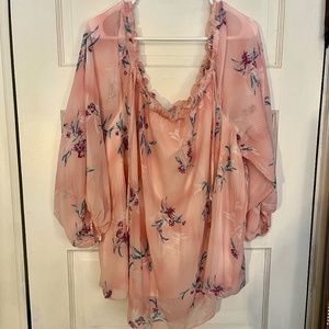 Lane Bryant Floral Off Shoulder Pleased Chiffon Lined Long Sleeve Pleated Top